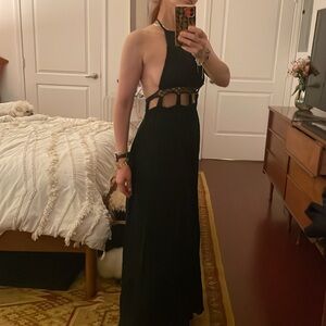 Jen’s Pirate Booty black maxi dress. Halter neckline. Gauze fabric.